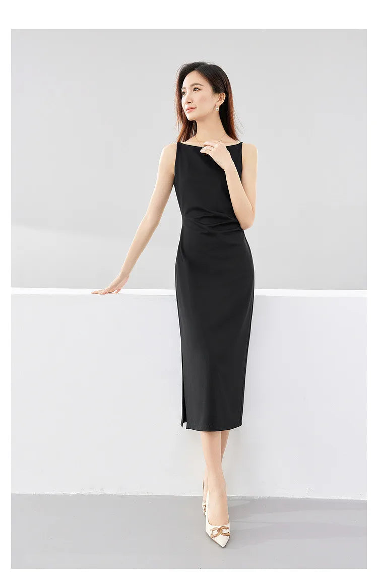 SENTUBILA Ruched Black Dress Women 2024 Spring Summer Party Slim Temperament Slash Neck Sleeveless Lady Midi Dresses Q33L52443 - reetell