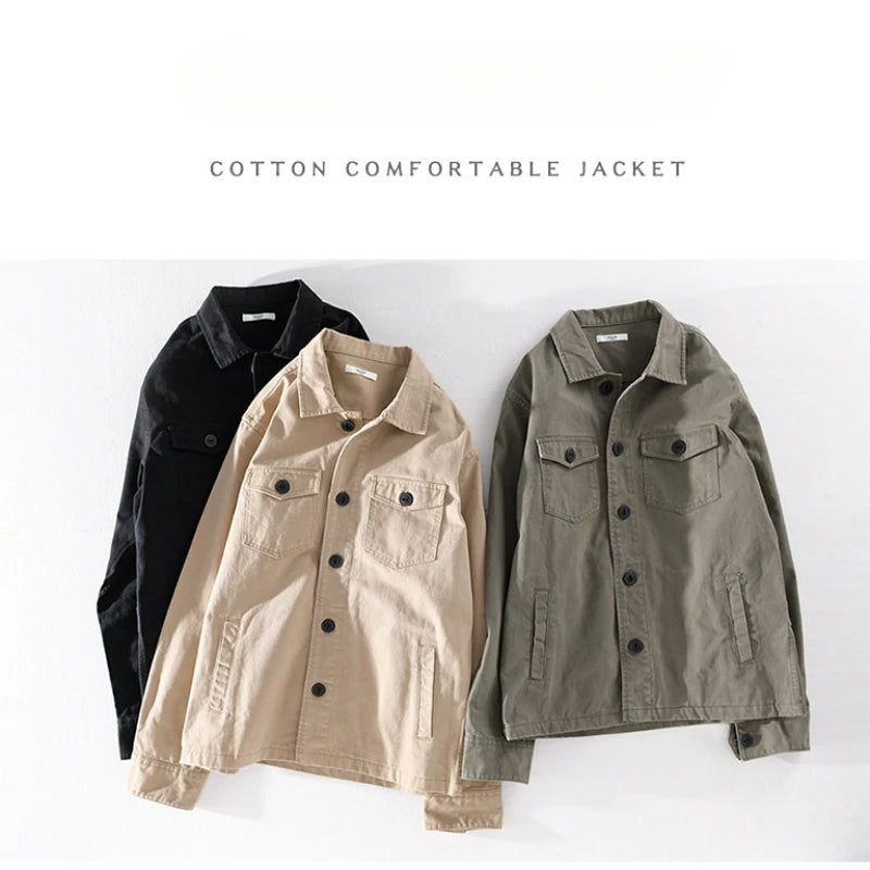 100% Cotton Tooling Japanese Jacket, New Coat Men's Long Sleeve Khaki Shirt, Casual Cotton Comfortable Thick Shirt camping - reetell