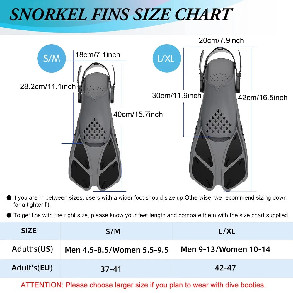 Snorkel Fins Adjustable Buckles Swimming Flippers Short Silicone Scuba Diving Shoes Open Heel Travel Size Adult Men Womens - reetell