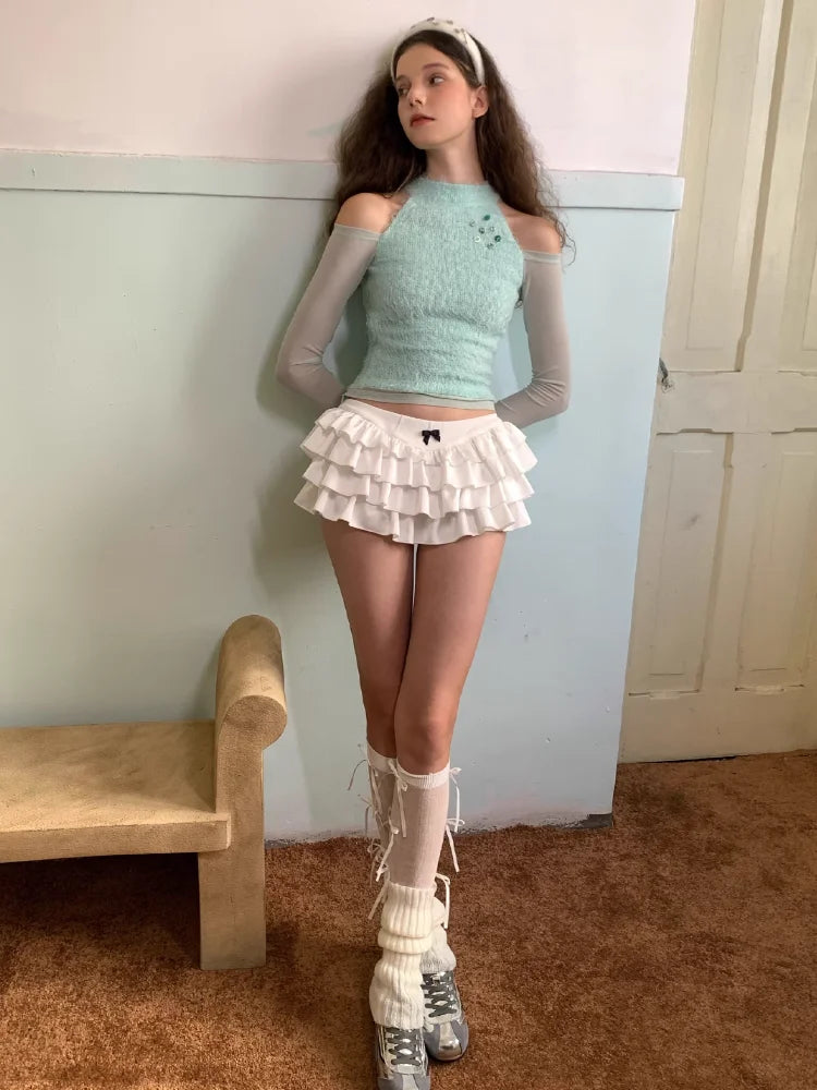 Y2k Kawaii Cute Cake Ruffles White Mini Skirt Women Bow Slim Skirt Elastic Waist Summer A-line Skirt Going Out Party Streetwear - reetell