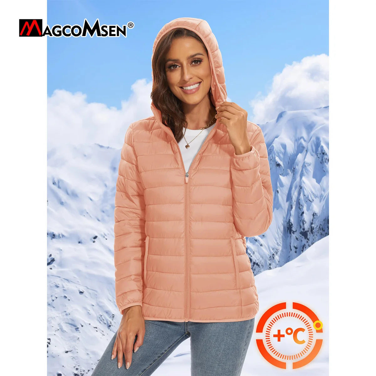 MAGCOMSEN Women‘s Lightweight Hooded Puffer Jacket Full Zip Windbreaker Waterproof Quilted Down Coat Winter Warm Outerwear