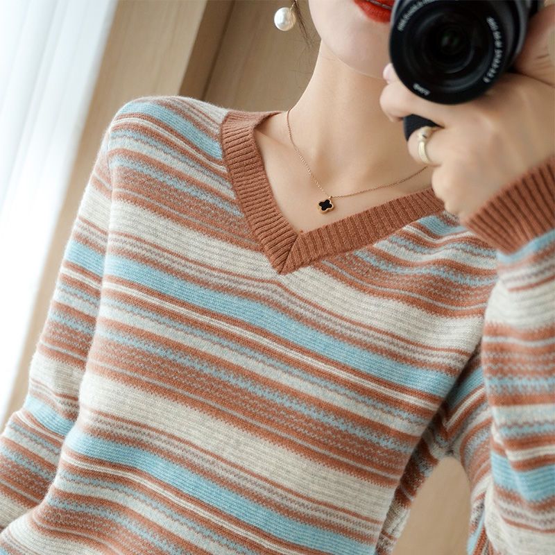 Autumn Winter Elegant Fashion Rainbow Knitting Tops Women All Match Casual Knitwear Long Sleeve Stripe Sweaters Thick Pullover - reetell