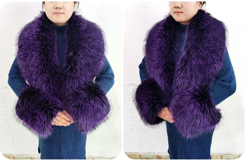 Winter Faux Fur Collar Cuffs Set Women Fluffy Large Shawl Coat Accessories Warm Fashion Fake Fox Fur Scarf Furry Scarves Female - reetell