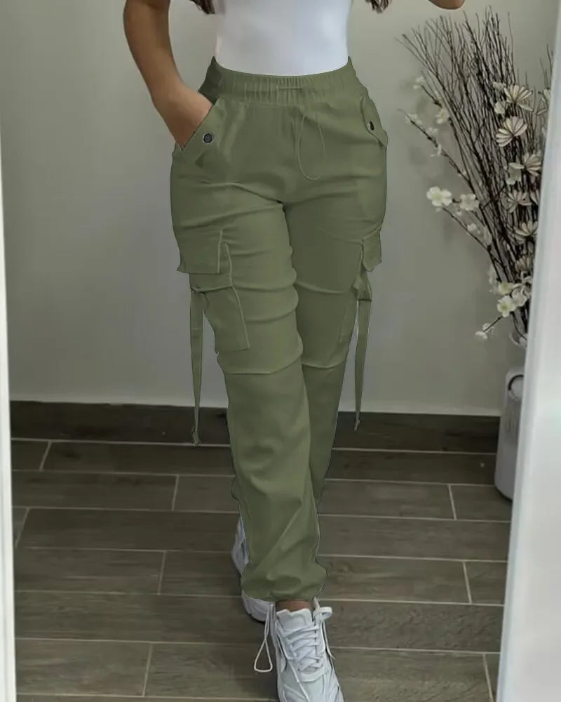 2024 New Fashion Womens Cargo Pants Elegant Pocket Design Drawstring Cuffed Pants Female Trouser Casual Bottom Female Clothing - reetell