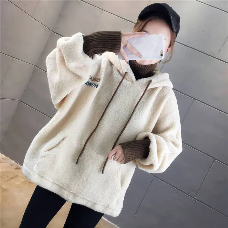 Faux Lamb Sweatshirt Women Loose Fake Two Piece Fashion Hoodies Fluffy Big Pocket Letter Long Sleeve Winter Female Tops - reetell