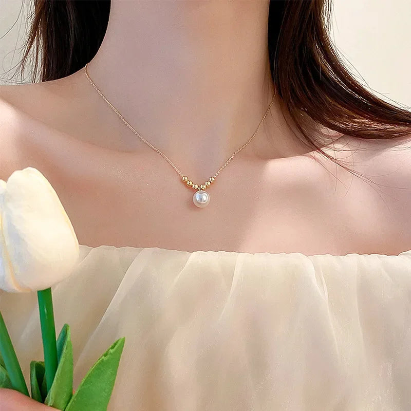 Imitation Pearl Beads Five-leaf Flower Pendant Double Layer Necklace for Women Fashion Daily Accessory Jewelry Birthday Gifts