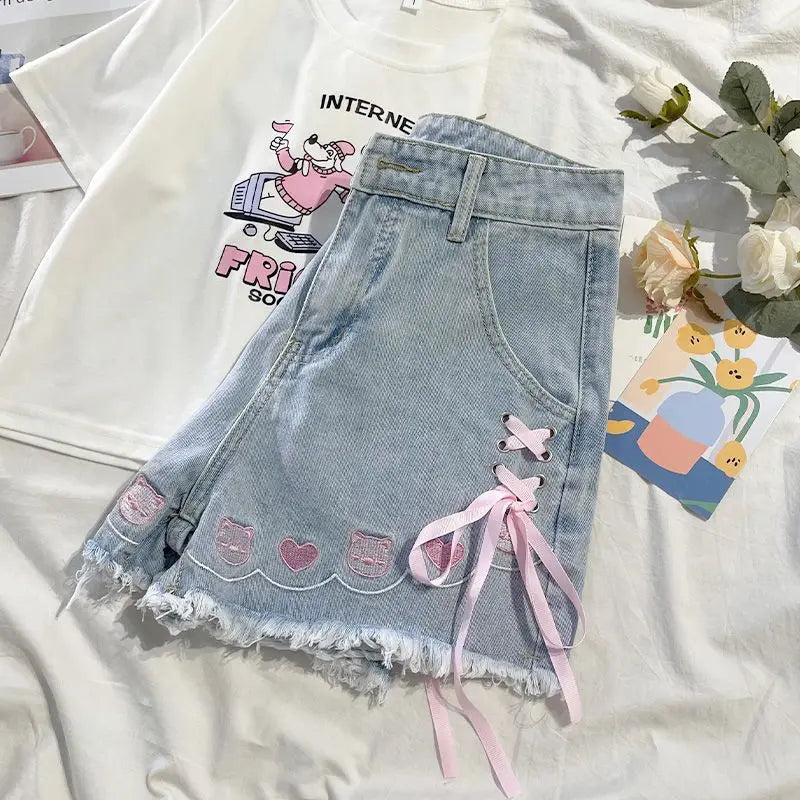 Japanese Denim Shorts Women 2024 New Bottoms Hig Waist Embroidery Bandage Pants Tunic Cute Shorts Pantalones Cortos De Mujer - reetell