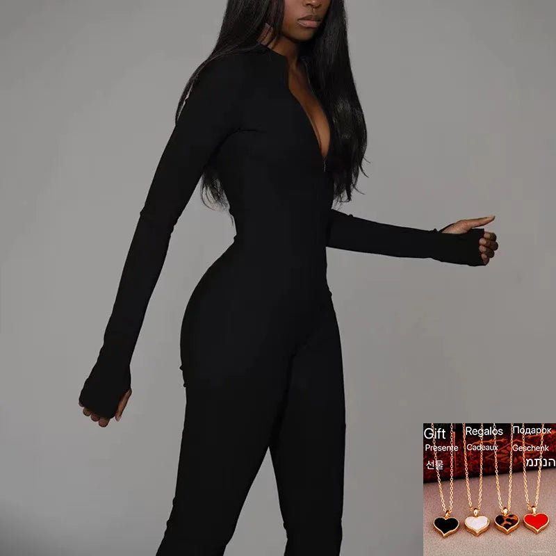 2024 New Solid Bodycon Jumpsuit Women Sporty Rompers Summer Fitness Long Sleeve Zipper Elastic One Piece Elegant Black Bodysuit