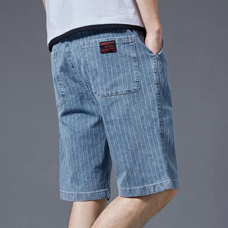 Summer Men Casual Striped Denim Shorts Koreon Streetwear Fashion Elastic Waist Baggy Male Thin Beach Sports Knee Length Jeans - reetell