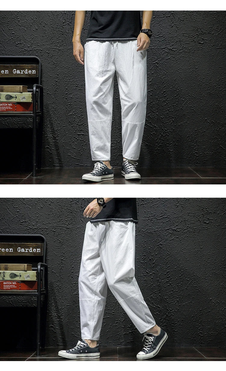 100% Cotton Ankle Length Pants Summer Casual Pants Man Trendy Japanese Loose Pants Men - reetell