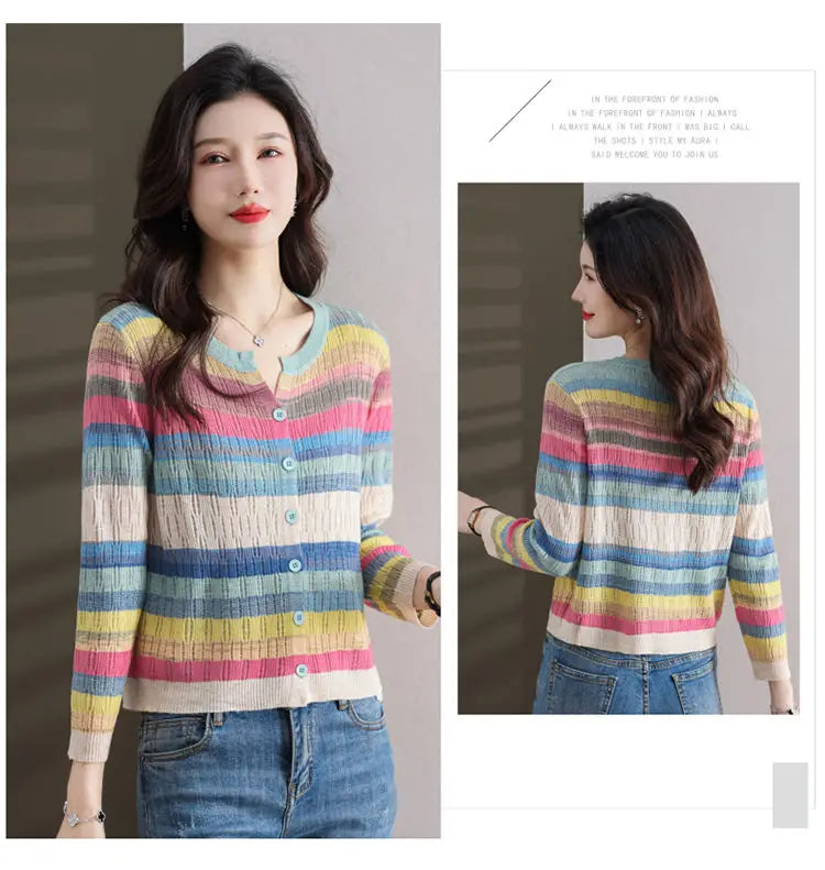 Fashion Women Clothing Colorful Striped Cardigan Sweater Spring Autumn New Korean Versatile Casual Long Sleeve Knitted Coats - reetell