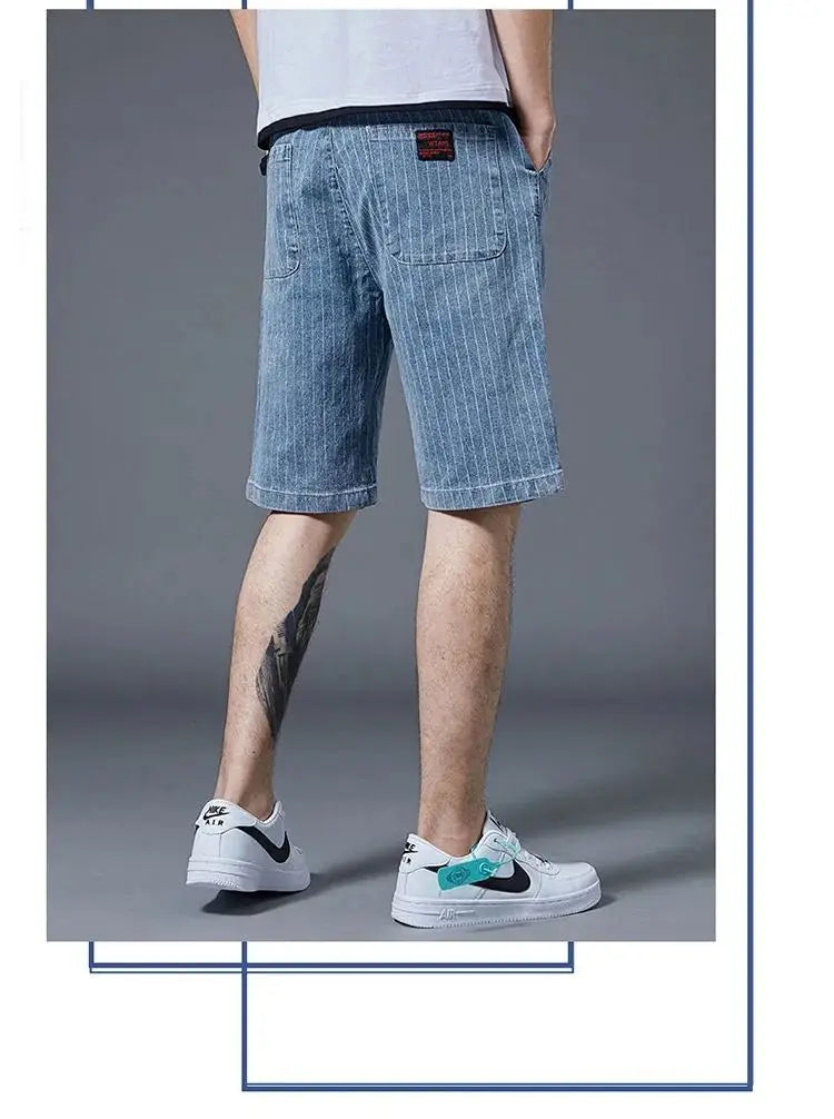 Summer Men Casual Striped Denim Shorts Koreon Streetwear Fashion Elastic Waist Baggy Male Thin Beach Sports Knee Length Jeans - reetell