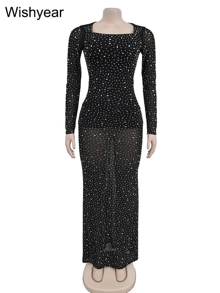 Wishyear Luxury Celebrity See Through Mesh Sparkly Diamonds Even Party Dress Women Long Sleeve Bodycon Birthday Christmas Robe - reetell