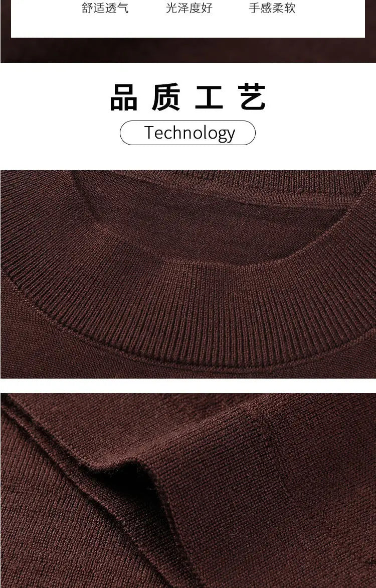 Worsted Mercerized Men Summer Short Sleeves T-shirt Versatile Fashion Male Clothing Half Turtleneck Casual Basic Knitted Tops - reetell