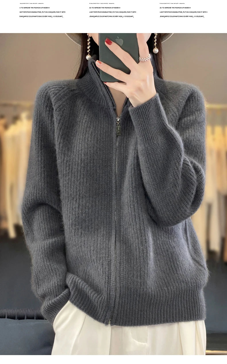 100% Pure Wool Zipper Cardigan Padded Shoulder Stand Collar Women's Cashmere Knitted Coat New Lapel Sweater - reetell