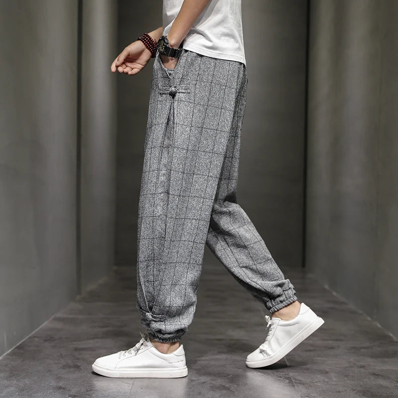 Cotton Linen Pants for Men New Trend Disc Buckle Hallen Pants Man Spring Summer Comfortable Breathable Casual Pants