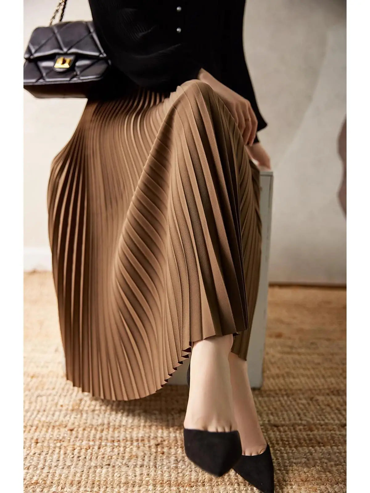 2023 Women Elegant Pleated Skirt High Waist Women Mid-long Skirt Female Ladies High Quality Women Midi Skirt Black Saia - reetell