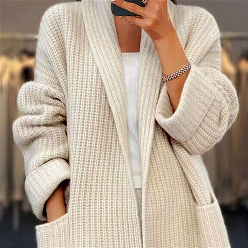 Women's Pocket Design Knitted Sweater Cardigan Autumn Winter Female Clothes Solid V-Neck Casual Long Sleeve Loose Daily Coat - reetell