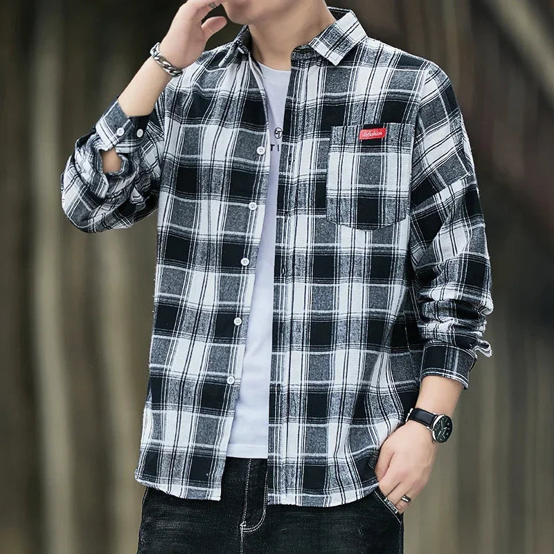 Autumn New Casual Men's Flannel Plaid Shirt Brand Male Business Office Red Black Checkered Long Sleeve Shirts Clothes