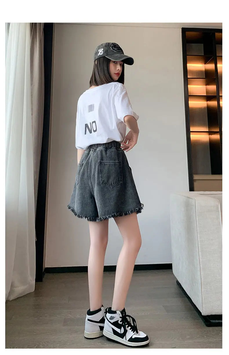 Big Size Denim Shorts Summer Thin Section Wide Leg Wide Loose Tight High Waist Female Students Fattening Women Tassel Wide - reetell