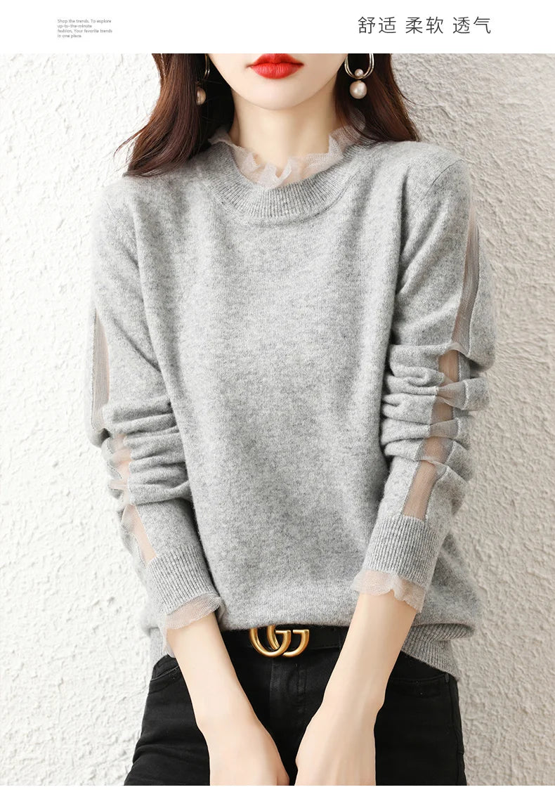 Lace collar Cashmere Elegant Women Sweater Knitted  Pullovers  Loose Soft Female Knitwear Jumper - reetell