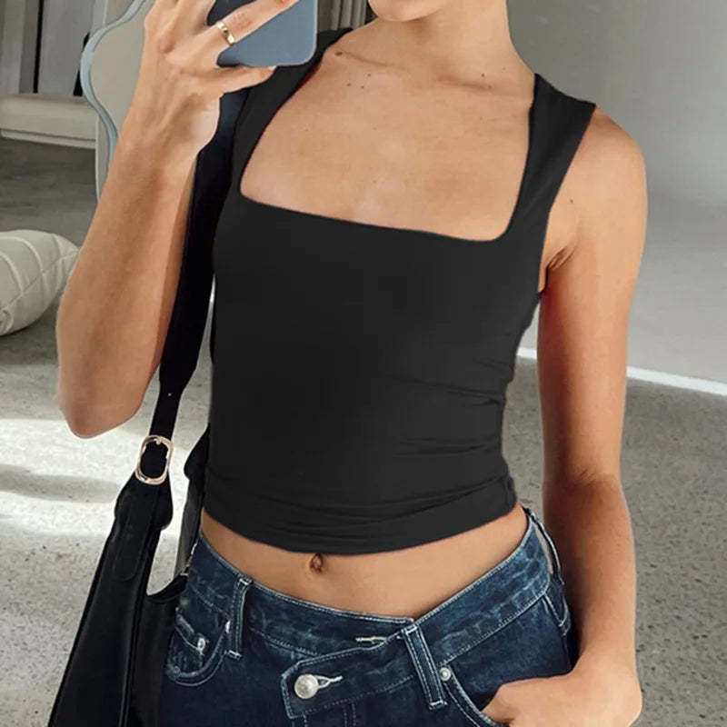 Sleeveless  Collar Crop Top Women Tank Tops Casual   Y2K  Summer 2024  Black T Shirts Sexy - reetell