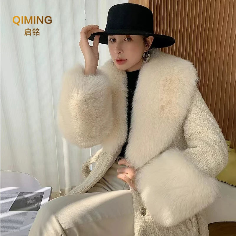 Winter Faux Fur Collar Cuffs Set Women Fluffy Large Shawl Coat Accessories Warm Fashion Fake Fox Fur Scarf Furry Scarves Female - reetell