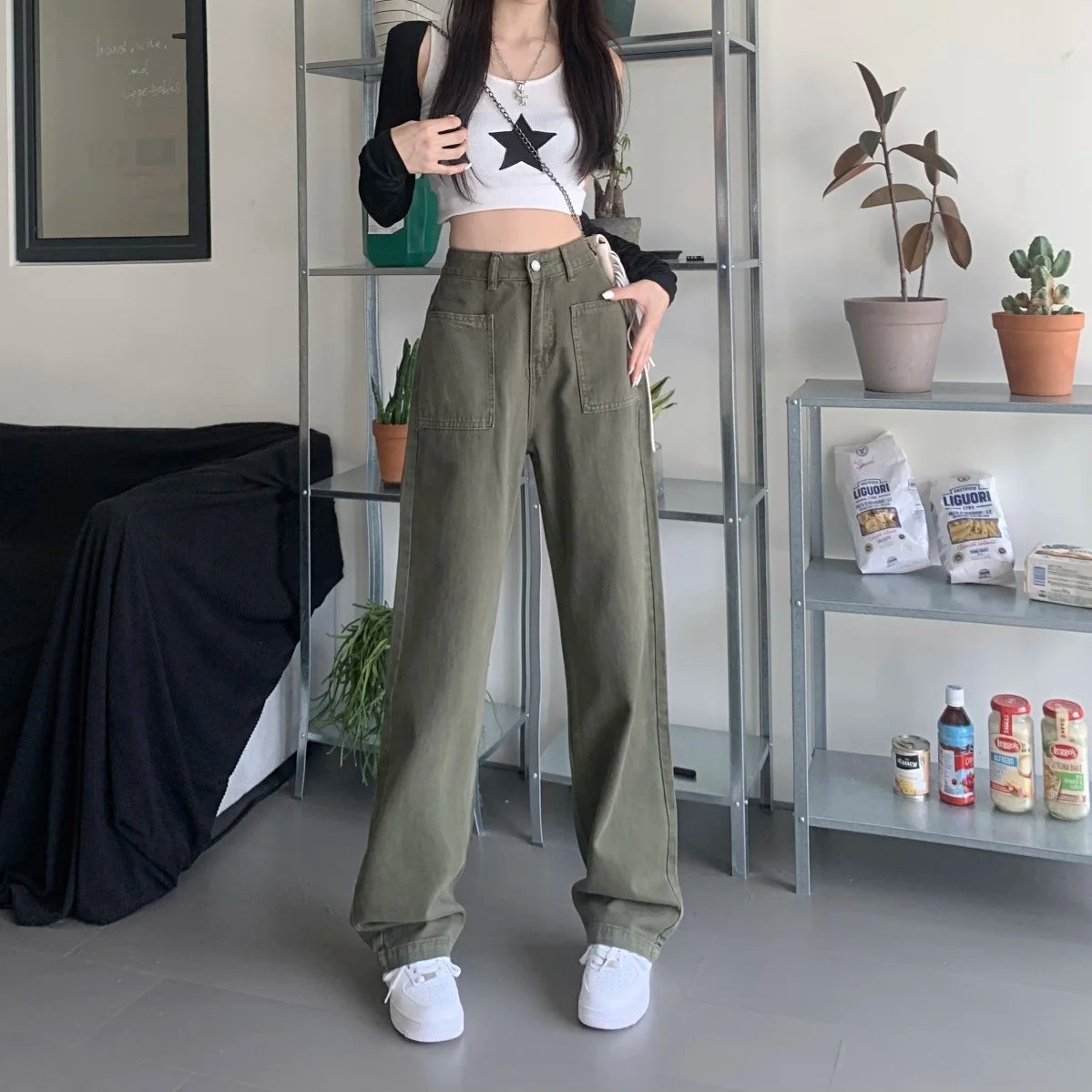 Military Green Jeans for Women High Waist Wide Legs Straight Leg Loose and Hanging Feeling Floor Length Pants High Street Trend - reetell