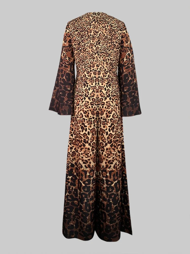 Yeezzi Women Fashion Leopard Printed Wide Leg Jumpsuits 2024 New Autumn Flared Sleeves Round-Neck Elegant Party Evening Outfits