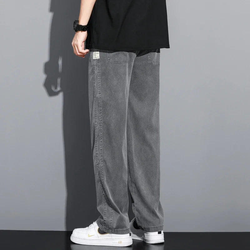 S-5XL 6Style,Men's Loose Jeans Summer Soft Lyocell Thin Fabric Straight Pants Drawstring Elastic Waist Korea Casual Trousers,Y2K - reetell