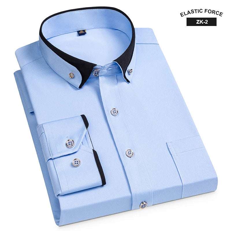 New Fashion Spring Elastic Non-iron Long-sleeved Shirt Men's Youth Crystal Button Patchwork Collar Not Cotton Business Shirt Men - reetell