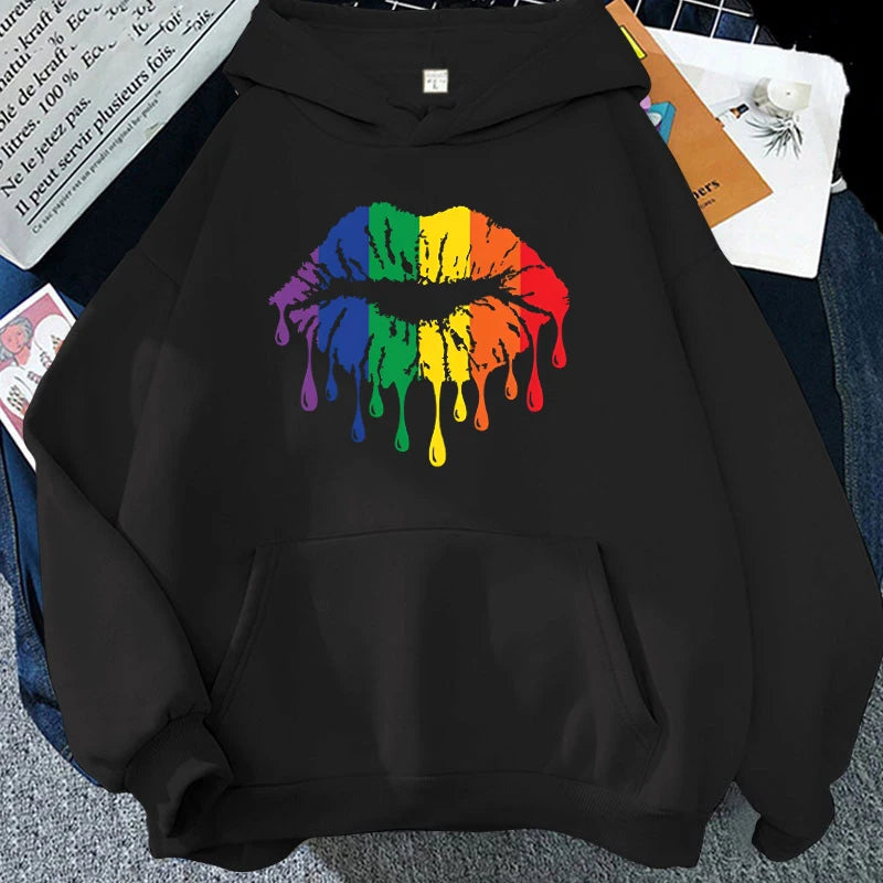 Women'S Winter Autumn Fashion Hooded Casual Long Sleeve Lgbt Pride Rainbow Lips Hoodies Sweatshirts Loose Pullover - reetell