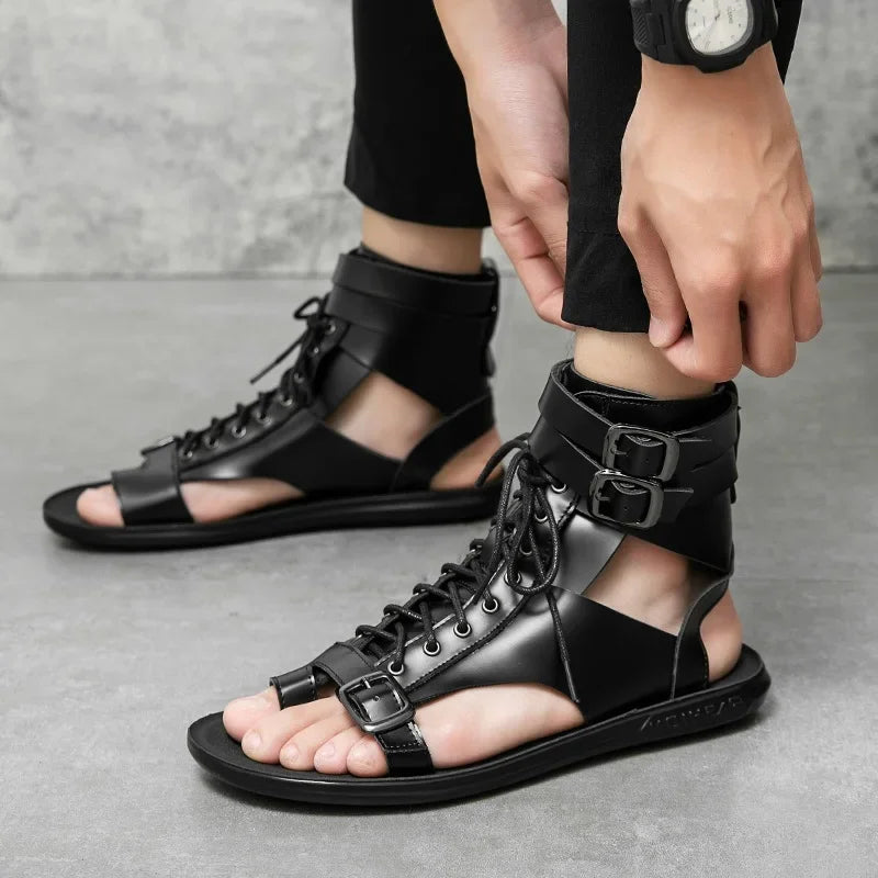 Summer New Men Gladiators Lace Up Buckle Leather Casual Shoes Breathable Beach Sandals Outdoor Slippers Black White Plus Size