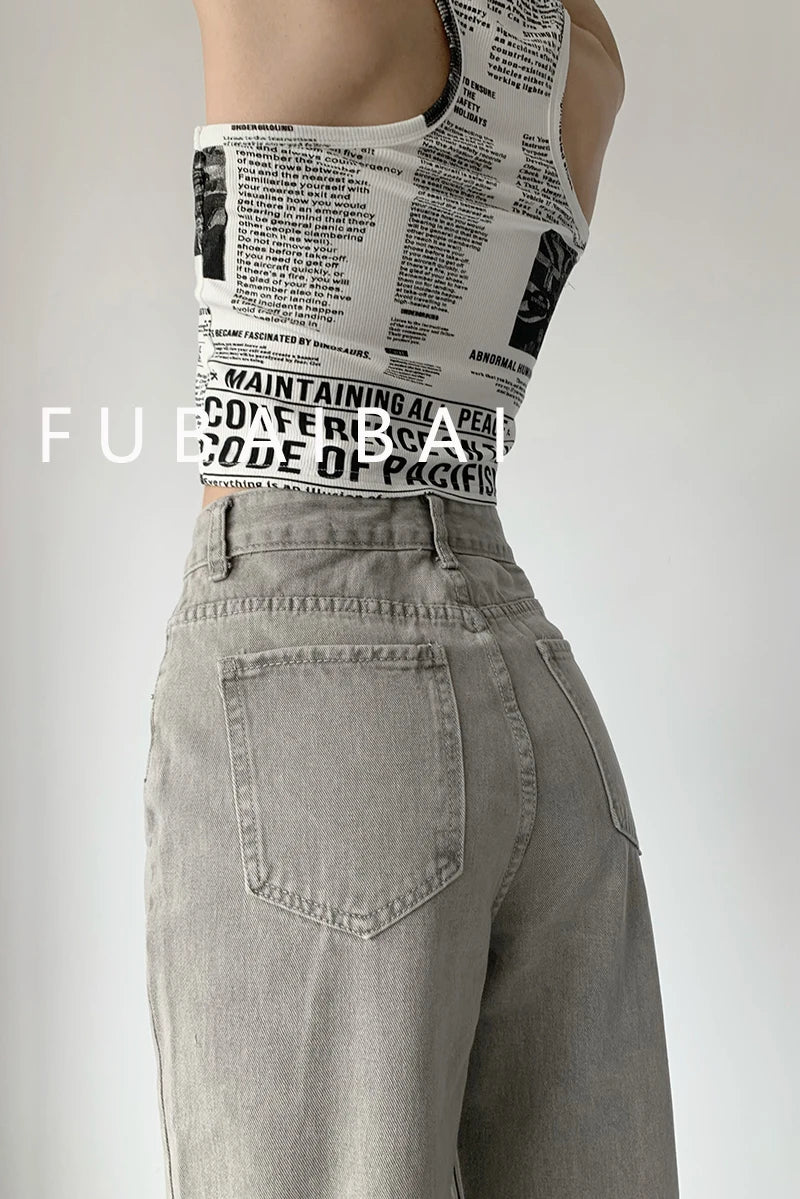 Grey Womens Jeans High Waist Vintage Straight Baggy Denim Pants Streetwear American Style Fashion Casual Wide Leg Denim Trouser - reetell