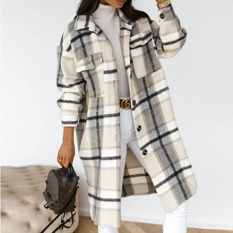 Single Breasted Trench Coat Fashion Long Autumn Winter Women's Clothing Long Sleeve Woolen Plaid Overcoat Coat - reetell