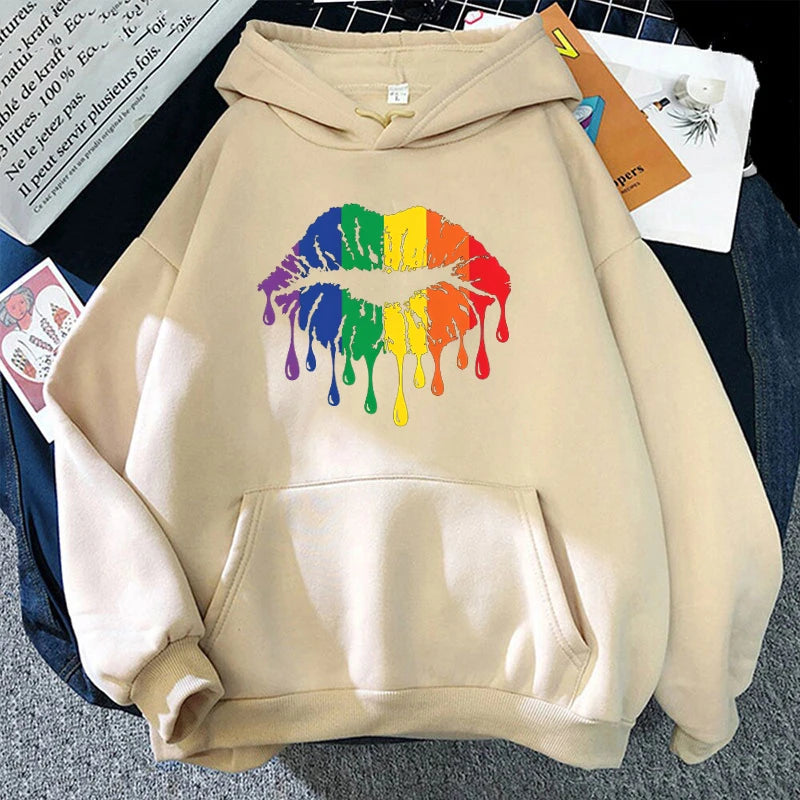 Women'S Winter Autumn Fashion Hooded Casual Long Sleeve Lgbt Pride Rainbow Lips Hoodies Sweatshirts Loose Pullover - reetell