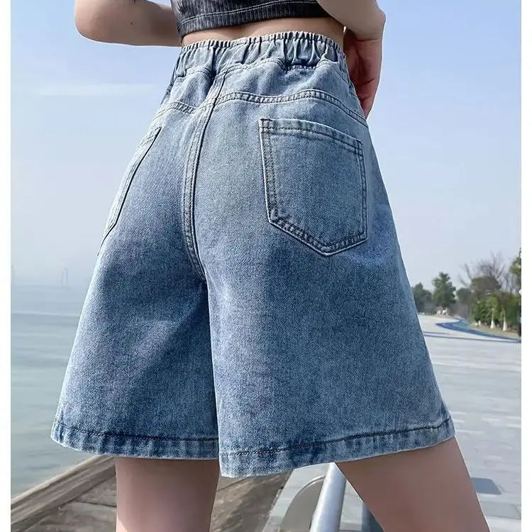 Big Size Denim Shorts Quarter Trousers A Wide Leg Loose High Waist Skinny Students Fattening Women Pocket Splicing Stripe - reetell