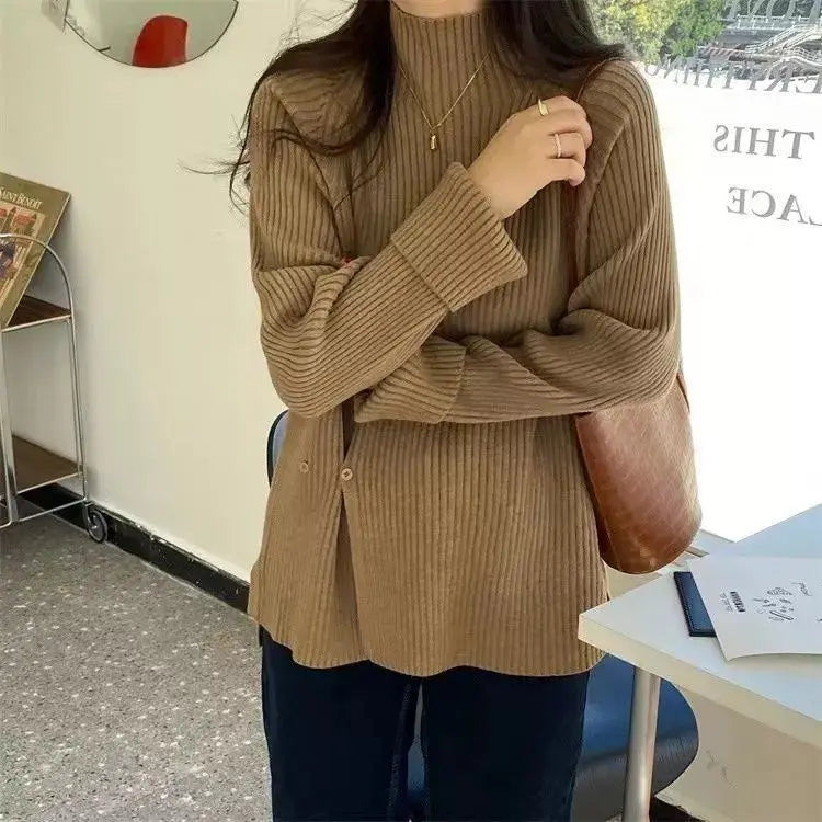 Women's Knit Sweater Off-white Loose Turtleneck Ladies PulloversButtons Slit Hot Sale Winter Offers Trend New Knitwear 2024 - reetell