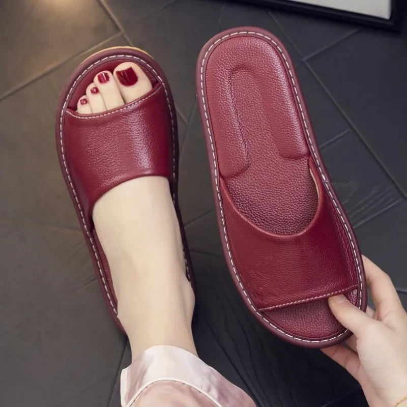 Genuine Leather Slippers Homes in indoor slipper summer open toe sandals men women elderly casual Slides shoes