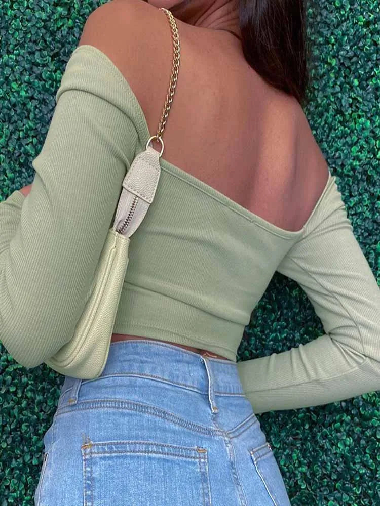 Hollow-Out V-neck Long Sleeve Crop Tops Spring Fall Casual Fashion Women Square Collar Slim Ribbed T-Shirts Backless Tee - reetell