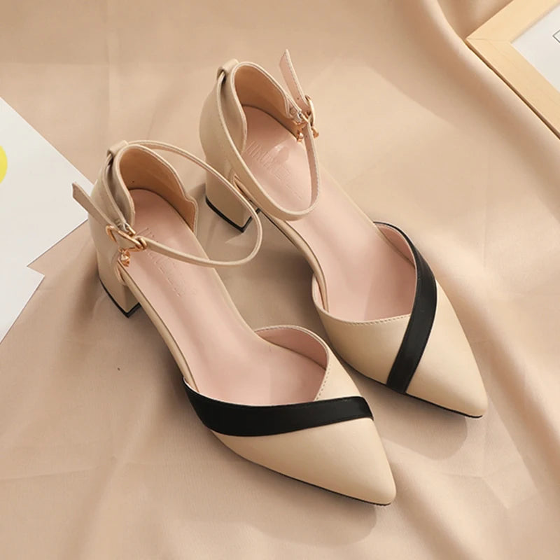 Rimocy Mix Color Med Heels Pumps Women Pointed Toe Ankle Strap High Heels Shoes Woman Pu Leather Patchwork Office Shoes Female