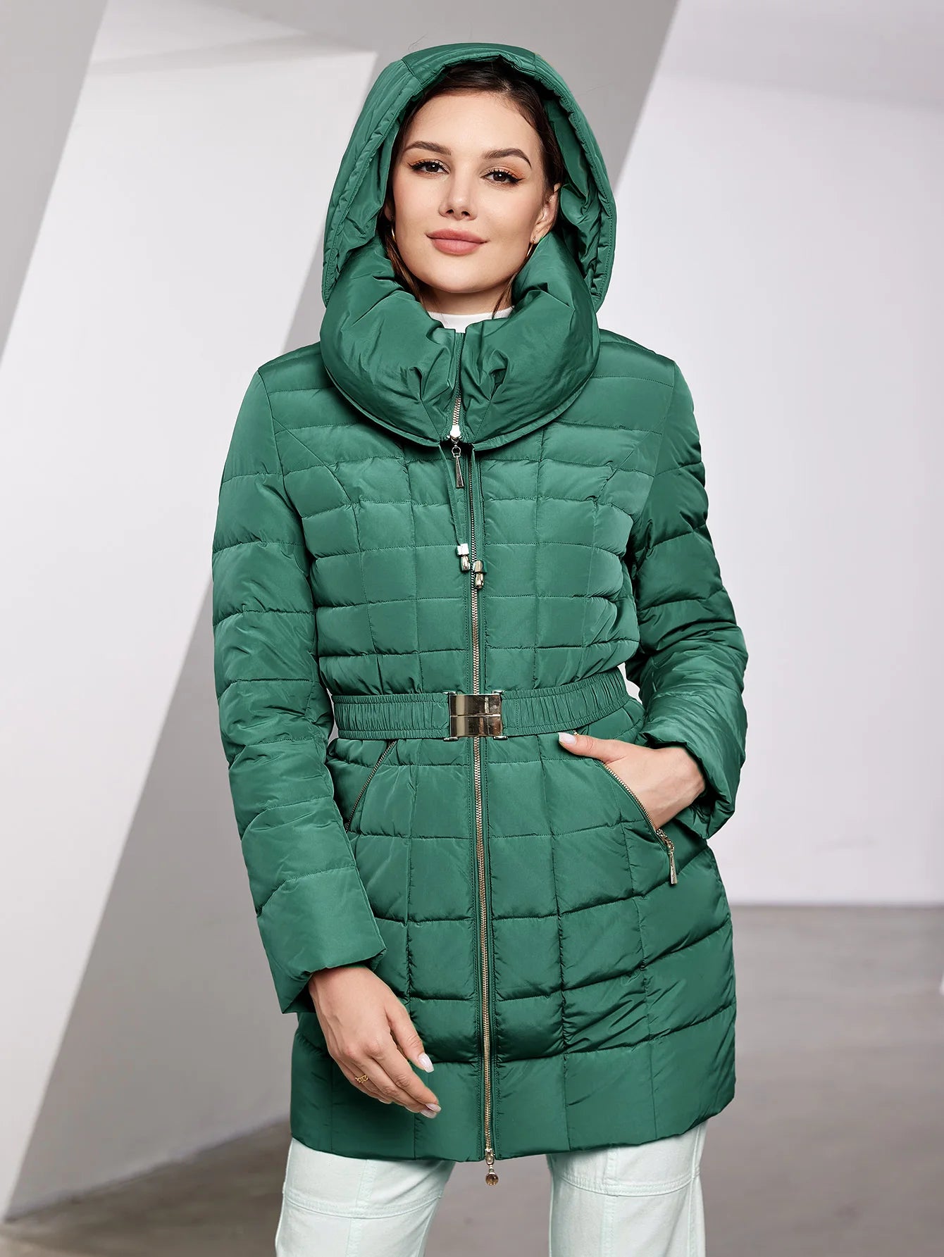 Astrid 2023 New Women's Winter Jacket Hooded Belt Long Parkas Warm Padding Puffer Plaid Quilted Coat Down Jacket Thick Snow Wear