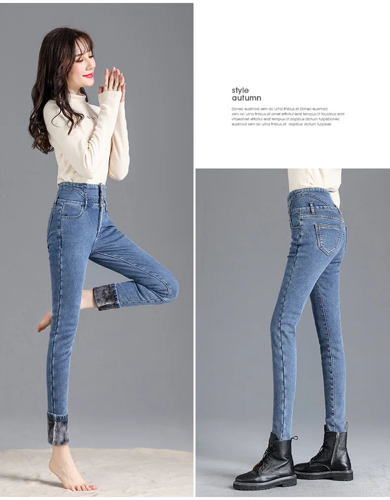 Thermal Winter Thick Fleece High-waist Warm Skinny Jeans Thick Women Stretch Button Pencil Pants Mom Casual Velvet Jeans - reetell