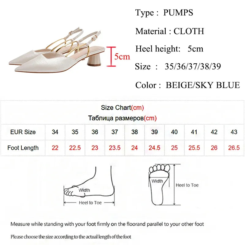 2024Summer Pointed Toe Silk Pumps Women Back Strap Buckle Thick Heels Sandals Woman Shallow Mouth Party Shoes Ladies