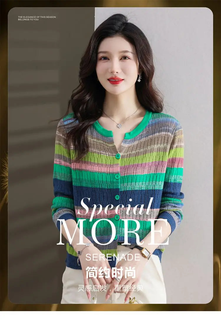 Fashion Women Clothing Colorful Striped Cardigan Sweater Spring Autumn New Korean Versatile Casual Long Sleeve Knitted Coats - reetell