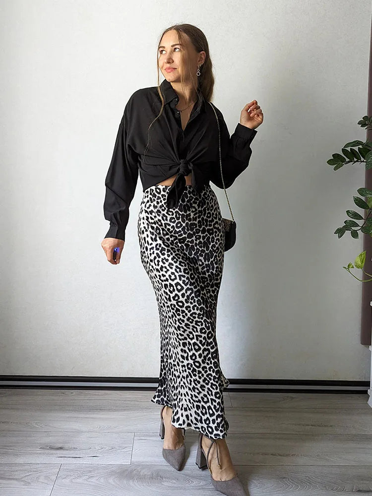 MiuKoMiYa Autumn Satin Leopard Print Maxi Skirt Women High Waist A Line Office Slim Long Leopard Skirt For Women Elegant 2024 - reetell