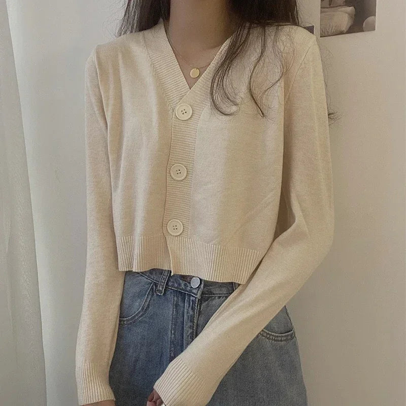 Autumn Winter Long Sleeve Sweater Cardigan Women V Neck Short Top Office Ladies Clothes Slim Streetwear Solid Knitted Cardigan - reetell