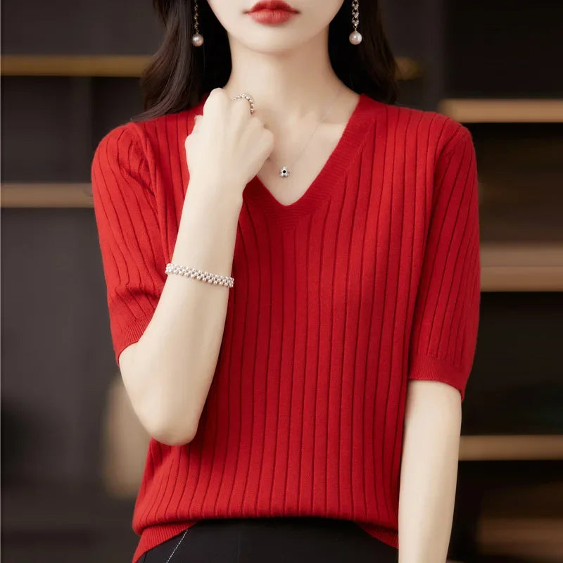 Women Sweater Short Sleeve V-neck Stripe Knitwears Slim Fit Shirt Korean Fashion Pullovers Thin Knit Tops 2024 Bottoming Shirts - reetell