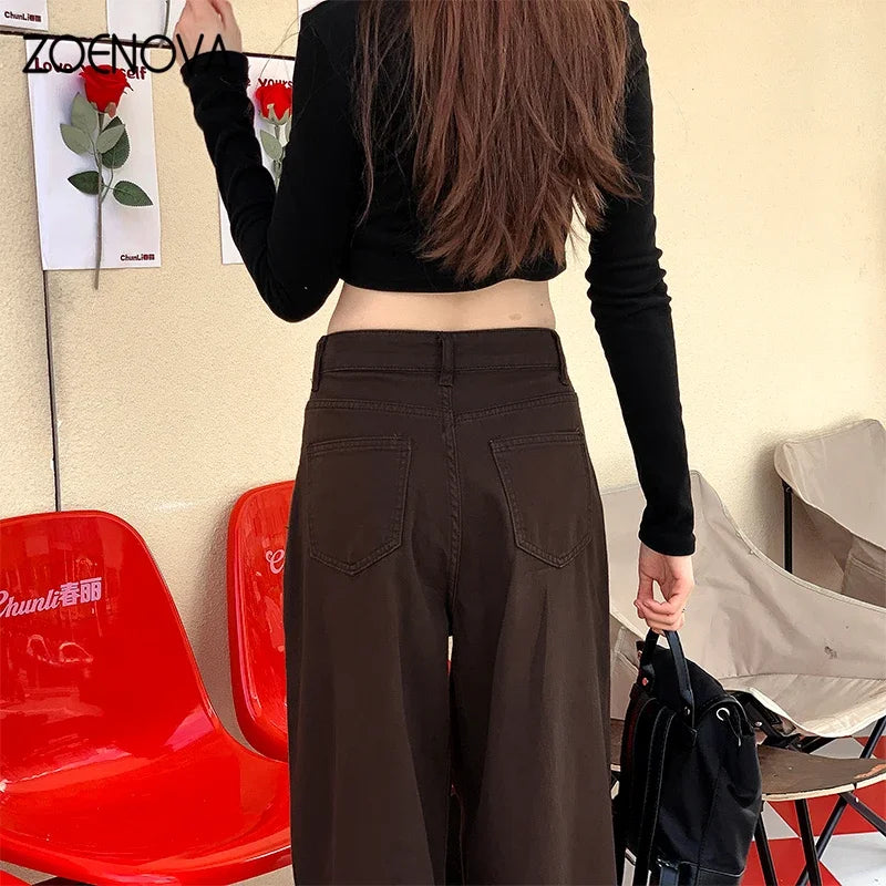 ZOENOVA Spring Autumn Korean New Fashion Dark Brown Women's Jeans Street Casual Wide Leg Pants Loose Straight Versatile Trousers - reetell