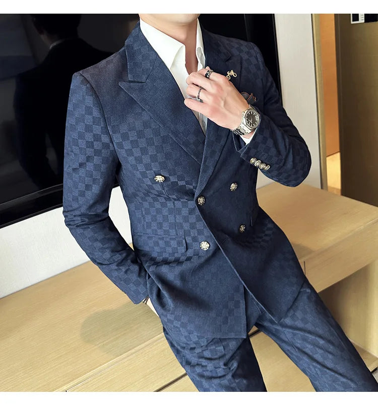 (Jacket+Pants) 2 Pieces Blue Apricot Business Party Men Suits Double Breasted Formal Style Custom Made Wedding Groom Tuxedos - reetell